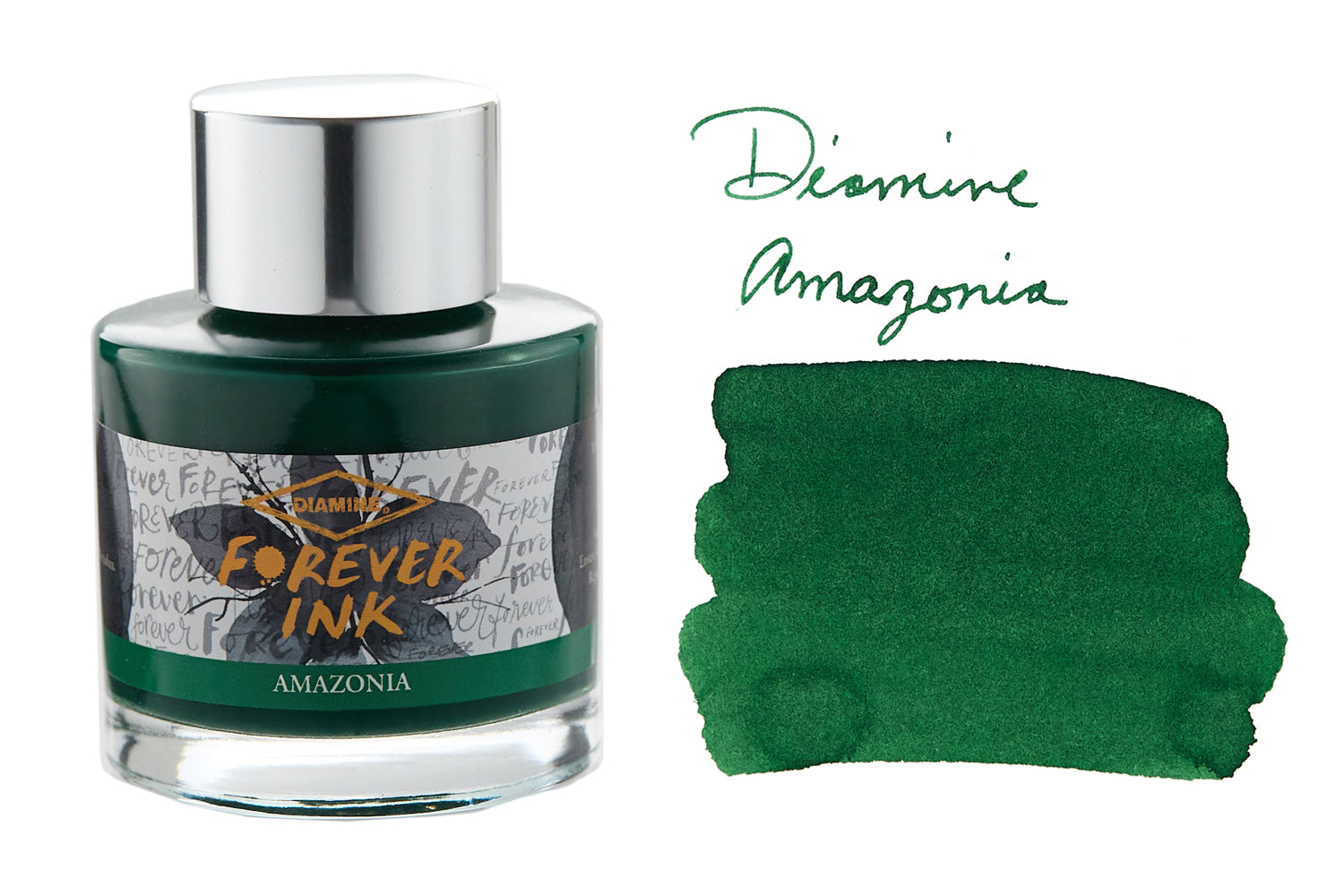 Diamine Forever Amazonia green ink bottle and swab on white