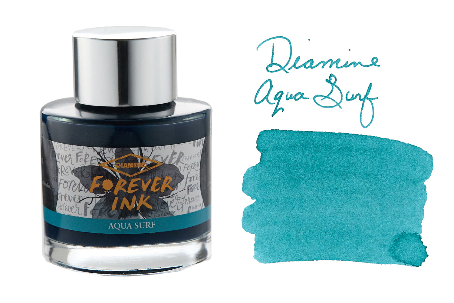 Diamine Forever Aqua Surf fountain pen ink bottle and swab
