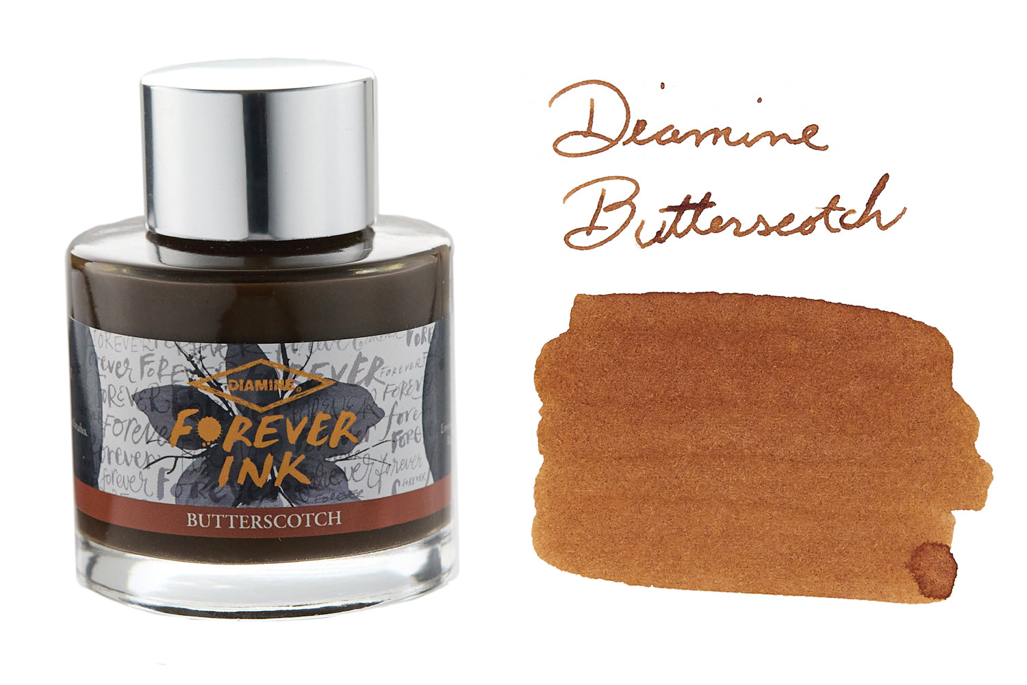 Diamine Forever Butterscotch fountain pen ink bottle and swab