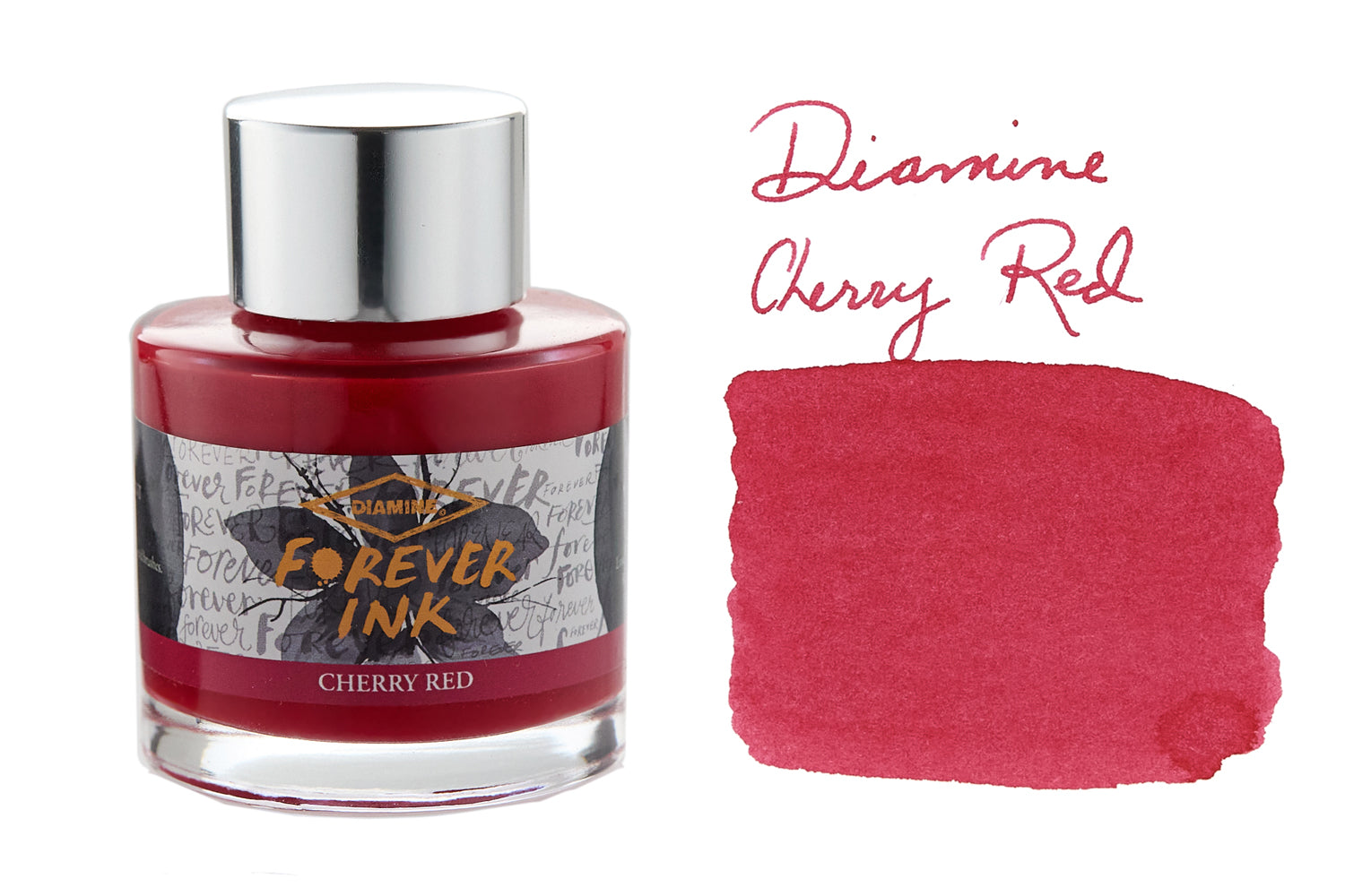 Diamine Forever Cherry Red fountain pen ink bottle and swab