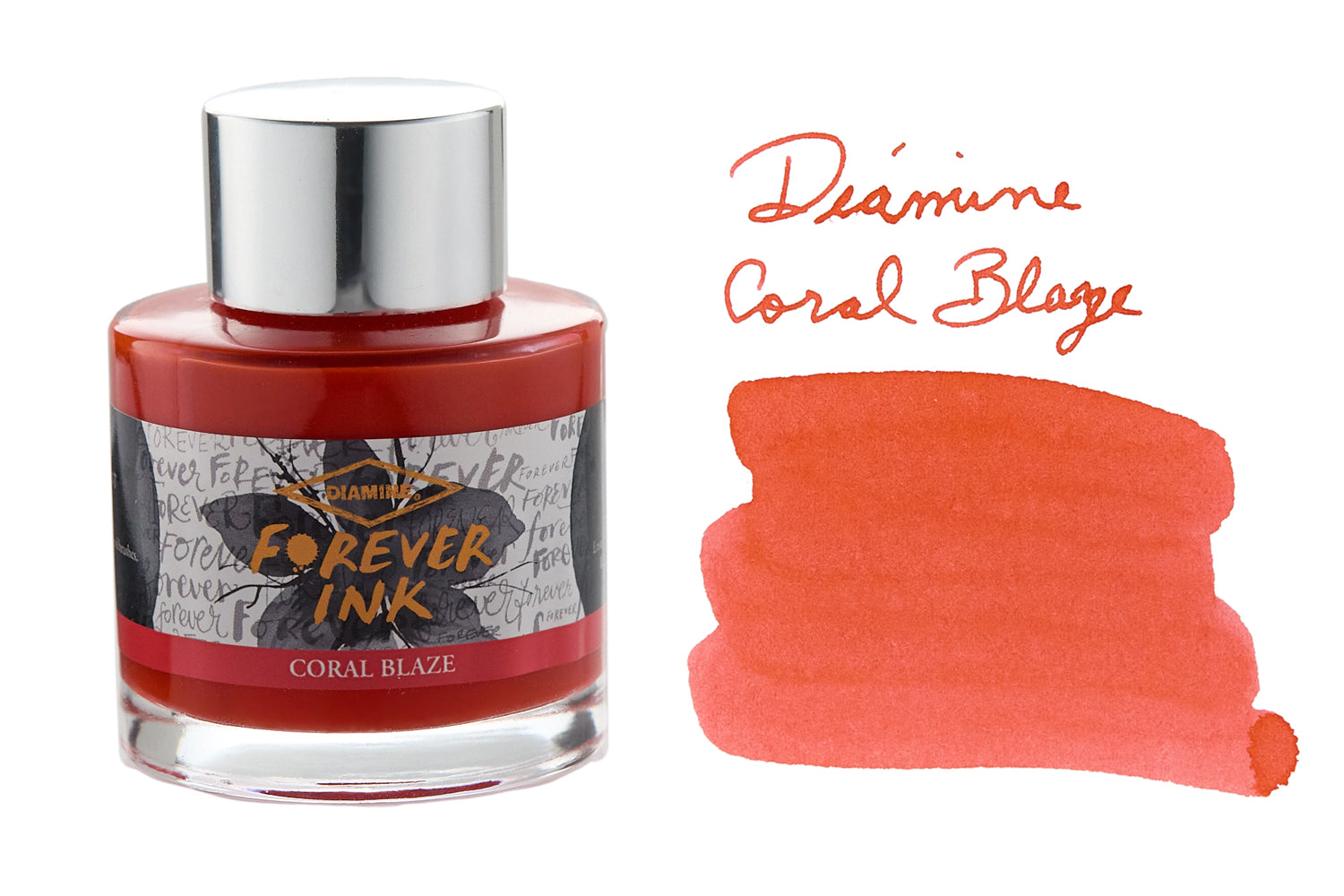 Diamine Forever Coral Blaze fountain pen ink bottle with swab and writing
