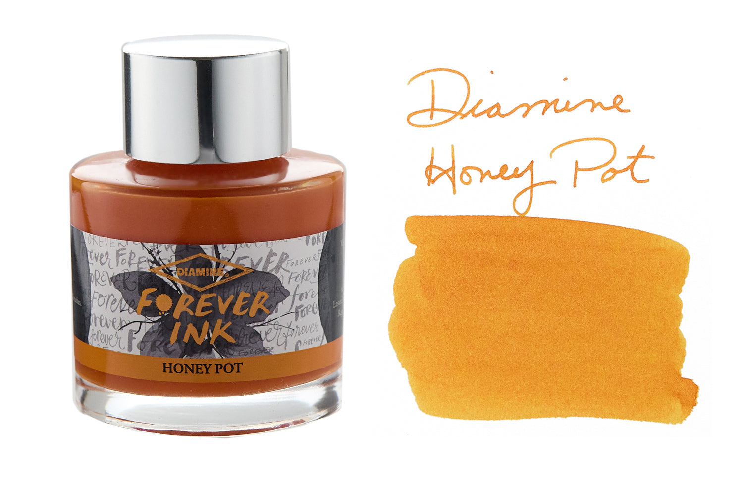 Diamine Forever Honey Pot fountain pen ink bottle with swab and writing on white background