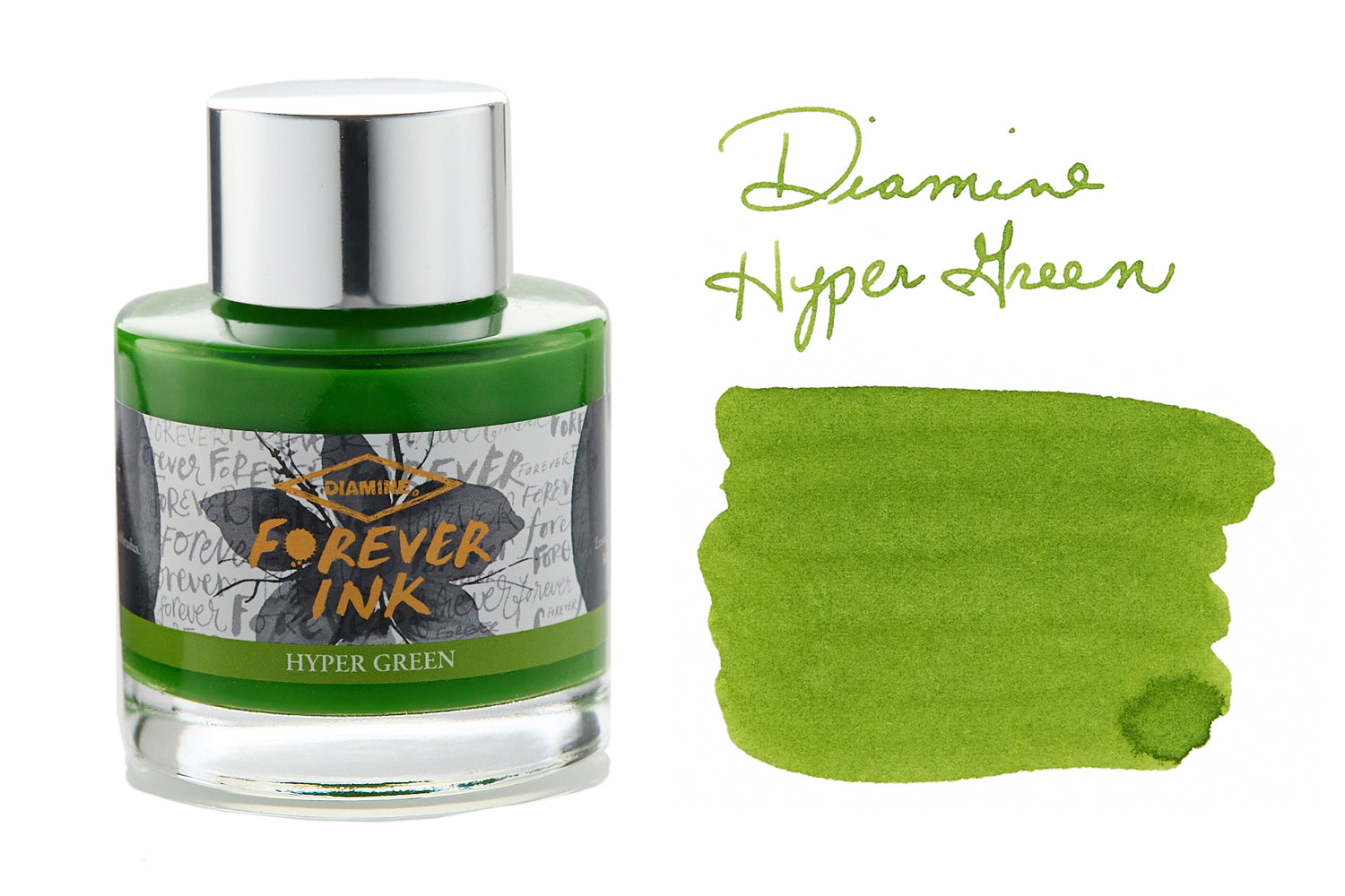 Diamine Forever Hyper Green fountain pen ink bottle with swab and writing