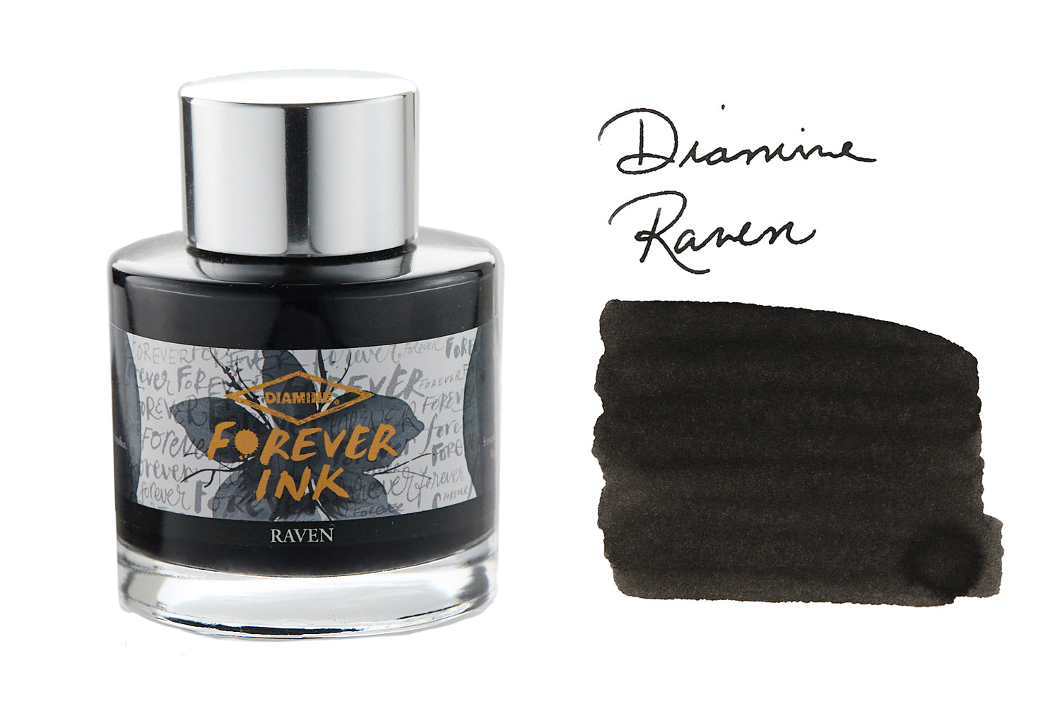 Diamine Forever Raven fountain pen ink bottle and swab with writing