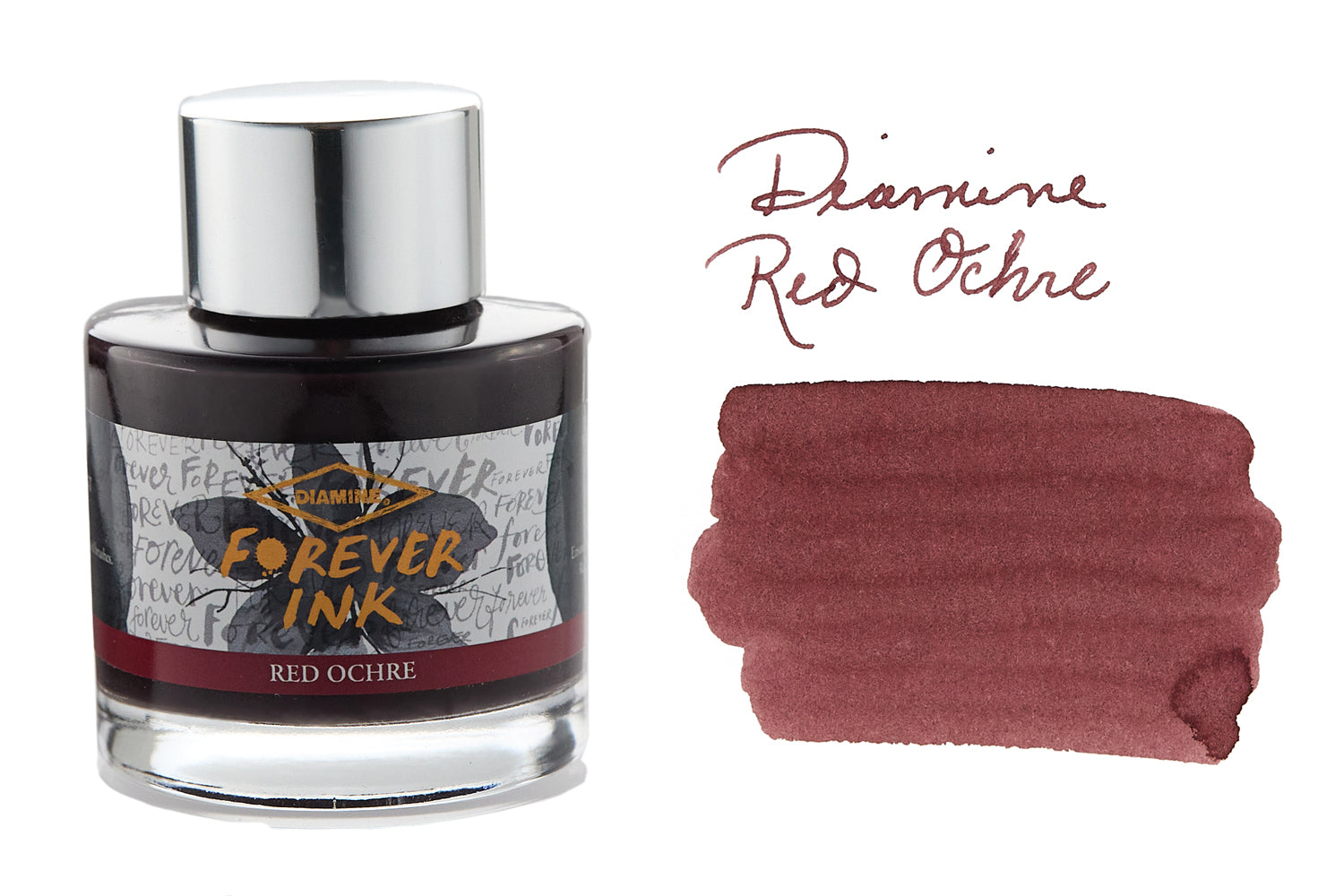 Diamine Forever Red Ochre fountain pen ink bottle with swab and writing