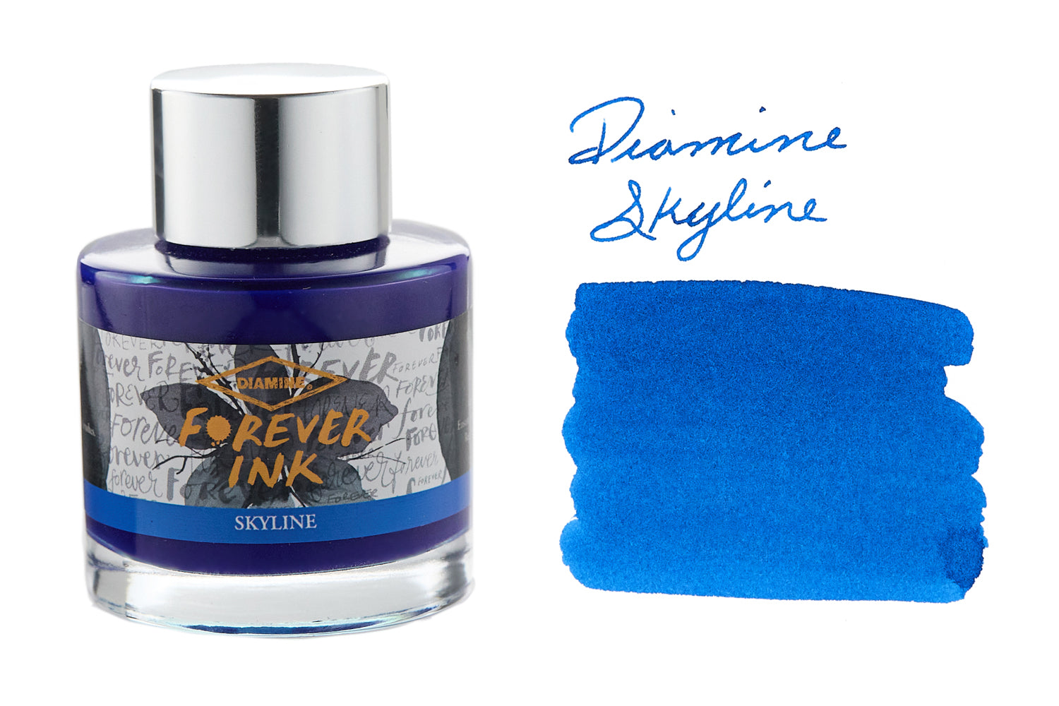 Diamine Forever Skyline Fountain pen ink bottle with swab and writing