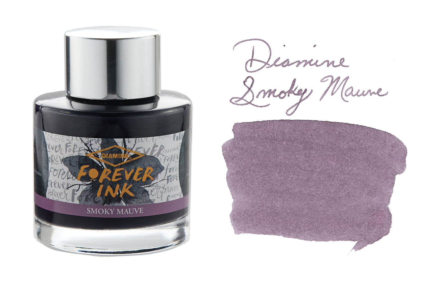 Diamine Forever Smoky Mauve fountain pen ink bottle with swab and writing