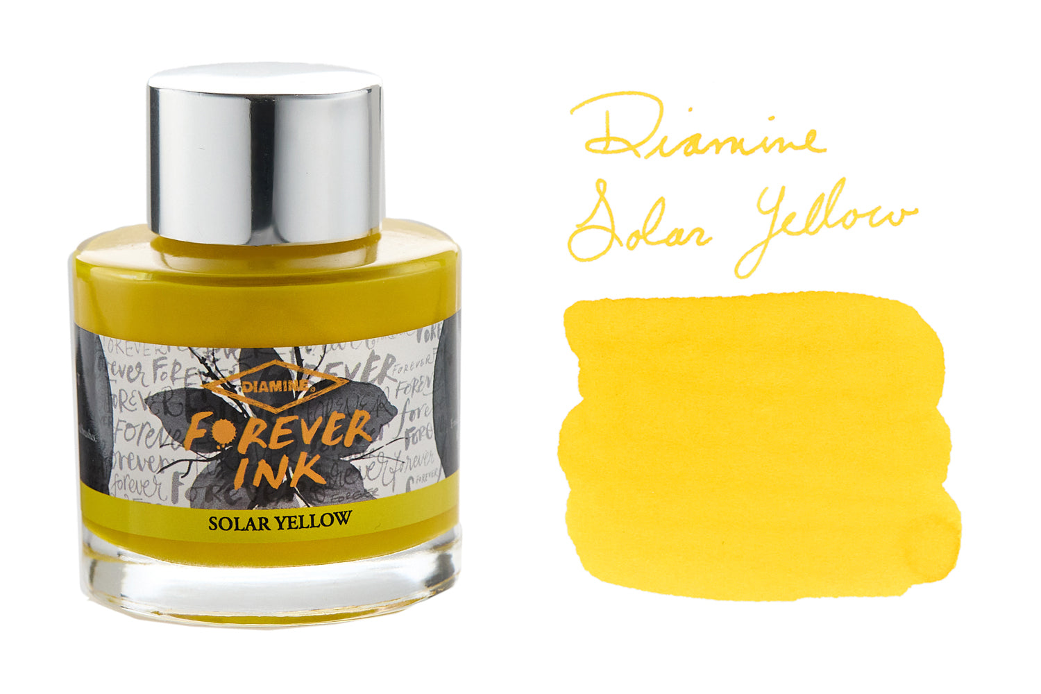 Diamine Forever Solar Yellow fountain pen ink bottle with swab and writing