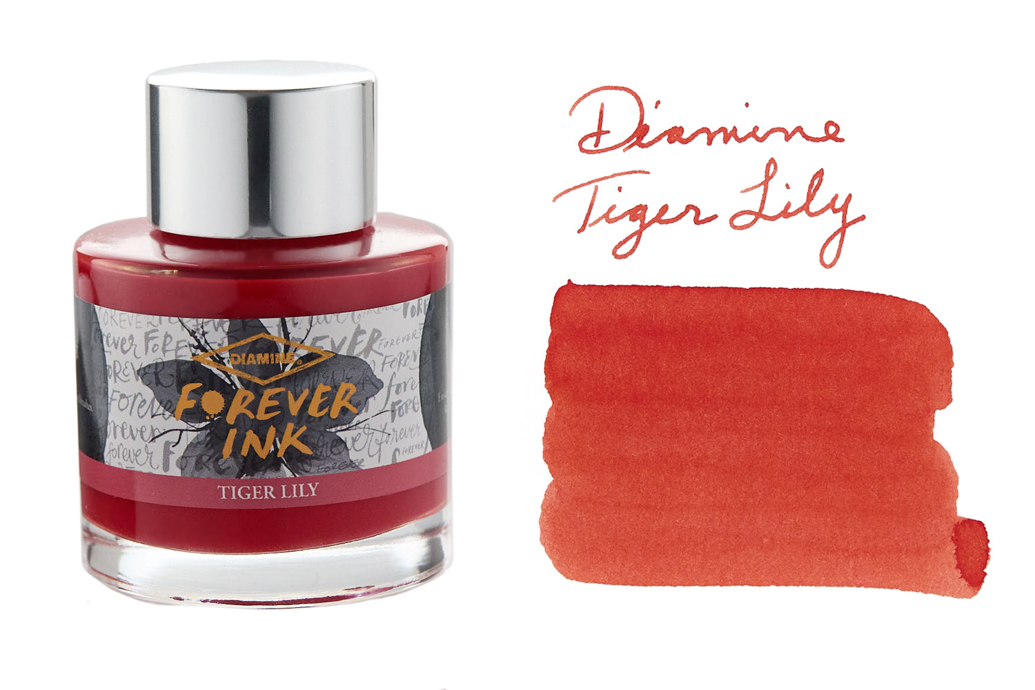 Diamine Forever Tiger Lily fountain pen ink bottle with swab and writing