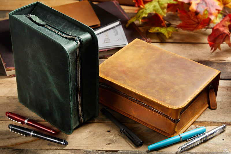 Galen Leather Zippered 40 Slot Pen Case - Crazy Horse Forest Green